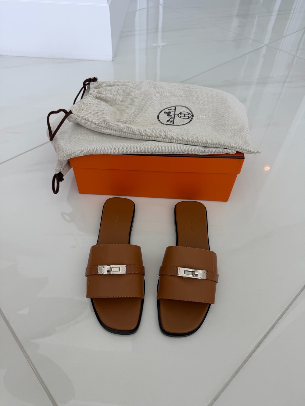Hermes Brown Leather Slide Sandals with Silver Hardware